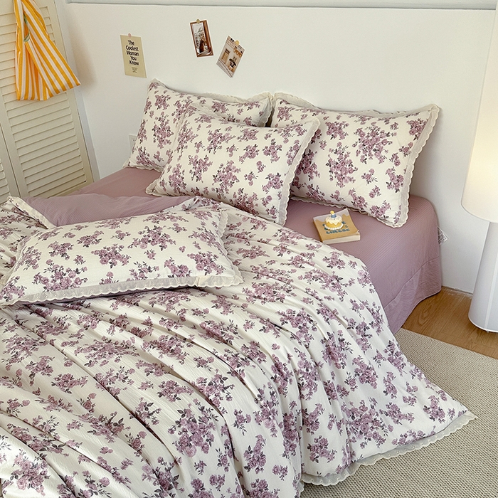 91家纺网 家纺一手货源 找家纺 斯卡诺家纺 2025新款纯棉花边双层纱四件套水洗棉四件套 紫风铃