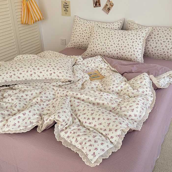 斯卡诺家纺 2025新款纯棉花边双层纱四件套水洗棉四件套 紫苏