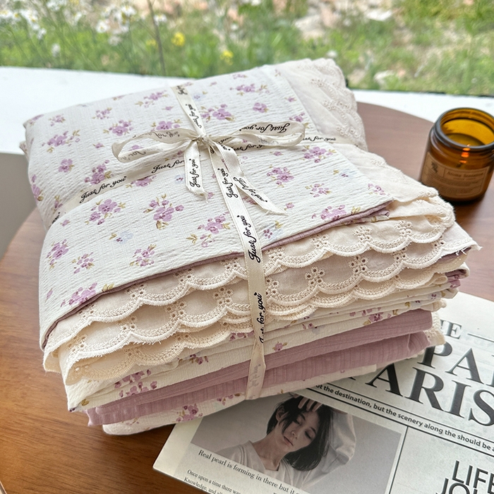 91家纺网 家纺一手货源 找家纺 斯卡诺家纺 2025新款纯棉花边双层纱四件套水洗棉四件套 紫苏