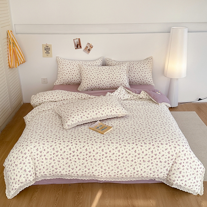 91家纺网 家纺一手货源 找家纺 斯卡诺家纺 2025新款纯棉花边双层纱四件套水洗棉四件套 紫苏