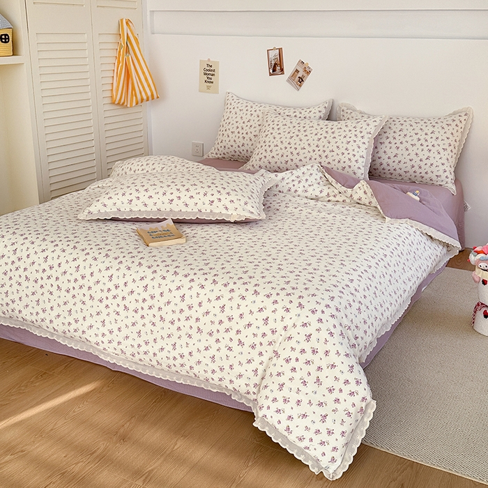 91家纺网 家纺一手货源 找家纺 斯卡诺家纺 2025新款纯棉花边双层纱四件套水洗棉四件套 紫苏