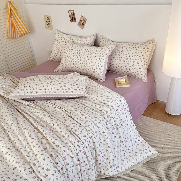 91家纺网 家纺一手货源 找家纺 斯卡诺家纺 2025新款纯棉花边双层纱四件套水洗棉四件套 紫苏