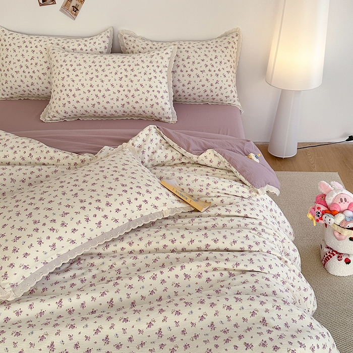 91家纺网 家纺一手货源 找家纺 斯卡诺家纺 2025新款纯棉花边双层纱四件套水洗棉四件套 紫苏