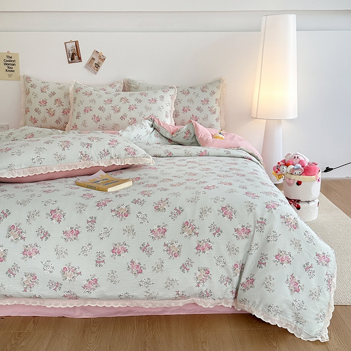 91家纺网 家纺一手货源 找家纺 斯卡诺家纺 2025新款纯棉花边双层纱夏被四件套水洗棉夏被四件套 暗香