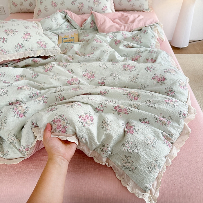 91家纺网 家纺一手货源 找家纺 斯卡诺家纺 2025新款纯棉花边双层纱夏被四件套水洗棉夏被四件套 暗香