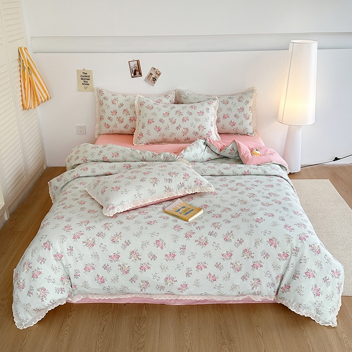 91家纺网 家纺一手货源 找家纺 斯卡诺家纺 2025新款纯棉花边双层纱夏被四件套水洗棉夏被四件套 暗香