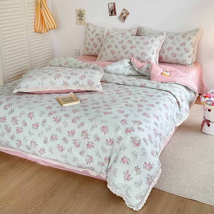 91家纺网 家纺一手货源 找家纺 斯卡诺家纺 2025新款纯棉花边双层纱夏被四件套水洗棉夏被四件套 暗香