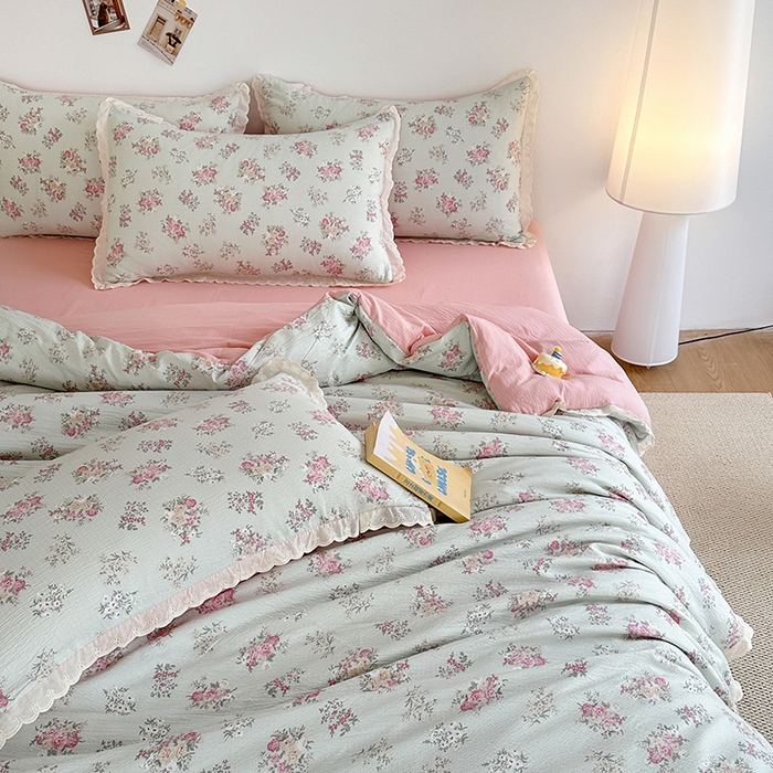 91家纺网 家纺一手货源 找家纺 斯卡诺家纺 2025新款纯棉花边双层纱夏被四件套水洗棉夏被四件套 暗香