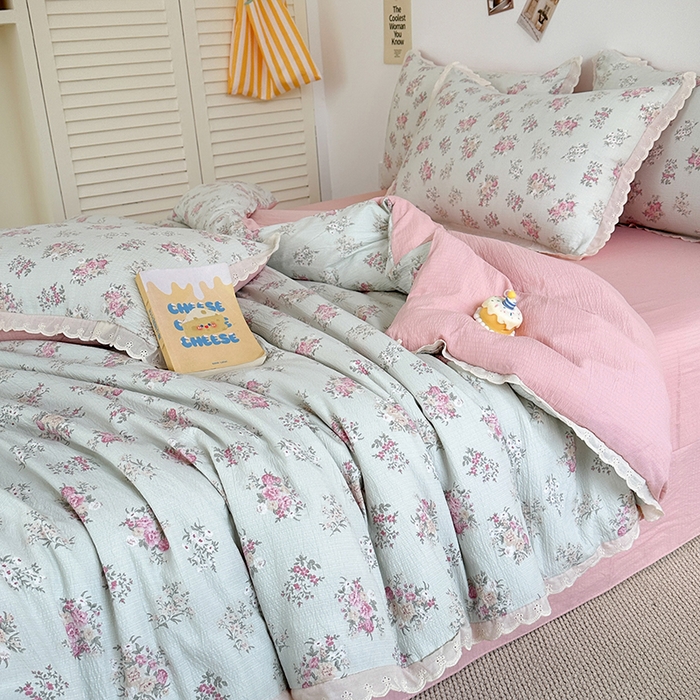 91家纺网 家纺一手货源 找家纺 斯卡诺家纺 2025新款纯棉花边双层纱夏被四件套水洗棉夏被四件套 暗香