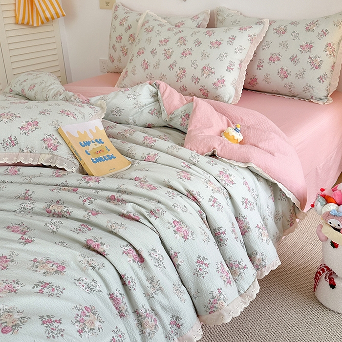 91家纺网 家纺一手货源 找家纺 斯卡诺家纺 2025新款纯棉花边双层纱夏被四件套水洗棉夏被四件套 暗香