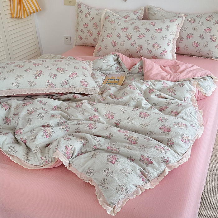 91家纺网 家纺一手货源 找家纺 斯卡诺家纺 2025新款纯棉花边双层纱夏被四件套水洗棉夏被四件套 暗香