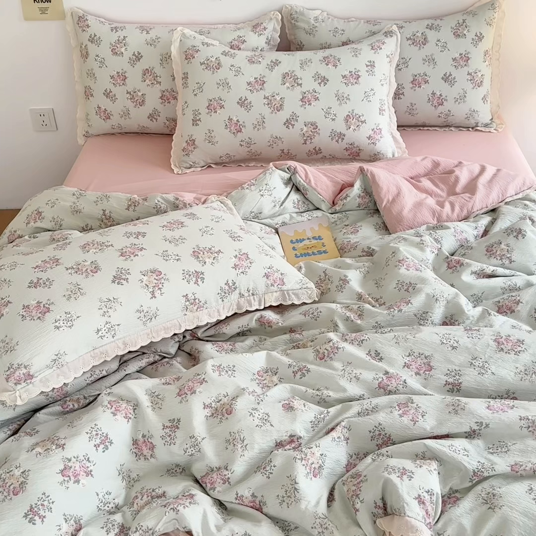 91家纺网 家纺一手货源 找家纺 斯卡诺家纺 2025新款纯棉花边双层纱夏被四件套水洗棉夏被四件套 暗香