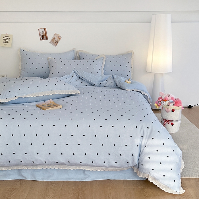 91家纺网 家纺一手货源 找家纺 斯卡诺家纺 2025新款纯棉花边双层纱夏被四件套水洗棉夏被四件套 波点-蓝