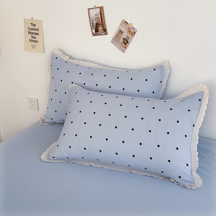 91家纺网 家纺一手货源 找家纺 斯卡诺家纺 2025新款纯棉花边双层纱夏被四件套水洗棉夏被四件套 波点-蓝