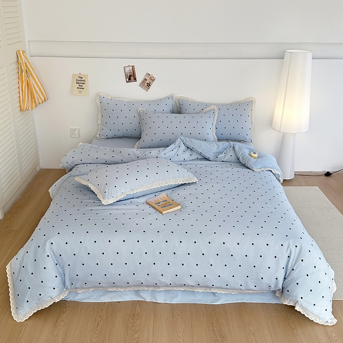 91家纺网 家纺一手货源 找家纺 斯卡诺家纺 2025新款纯棉花边双层纱夏被四件套水洗棉夏被四件套 波点-蓝