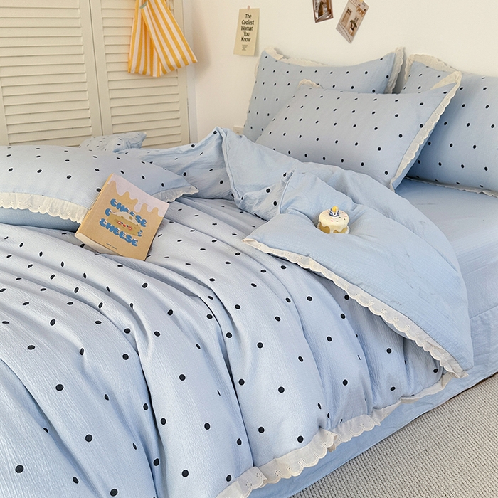 91家纺网 家纺一手货源 找家纺 斯卡诺家纺 2025新款纯棉花边双层纱夏被四件套水洗棉夏被四件套 波点-蓝