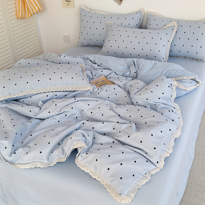 91家纺网 家纺一手货源 找家纺 斯卡诺家纺 2025新款纯棉花边双层纱夏被四件套水洗棉夏被四件套 波点-蓝