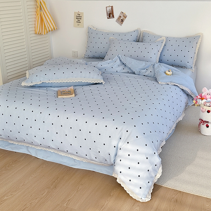 91家纺网 家纺一手货源 找家纺 斯卡诺家纺 2025新款纯棉花边双层纱夏被四件套水洗棉夏被四件套 波点-蓝