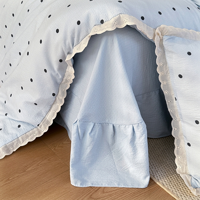 91家纺网 家纺一手货源 找家纺 斯卡诺家纺 2025新款纯棉花边双层纱夏被四件套水洗棉夏被四件套 波点-蓝