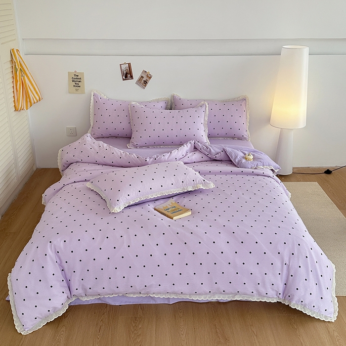 91家纺网 家纺一手货源 找家纺 斯卡诺家纺 2025新款纯棉花边双层纱夏被四件套水洗棉夏被四件套 波点-紫