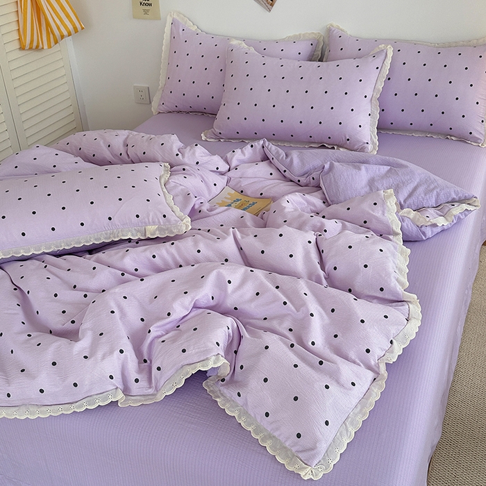 91家纺网 家纺一手货源 找家纺 斯卡诺家纺 2025新款纯棉花边双层纱夏被四件套水洗棉夏被四件套 波点-紫