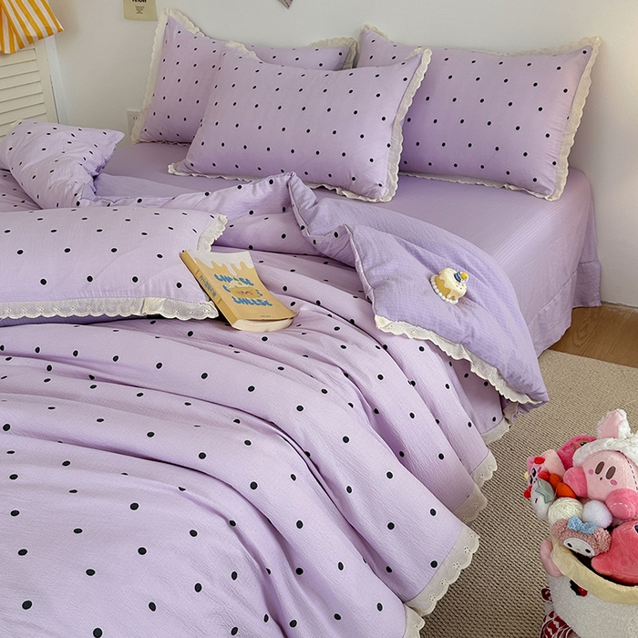 91家纺网 家纺一手货源 找家纺 斯卡诺家纺 2025新款纯棉花边双层纱夏被四件套水洗棉夏被四件套 波点-紫