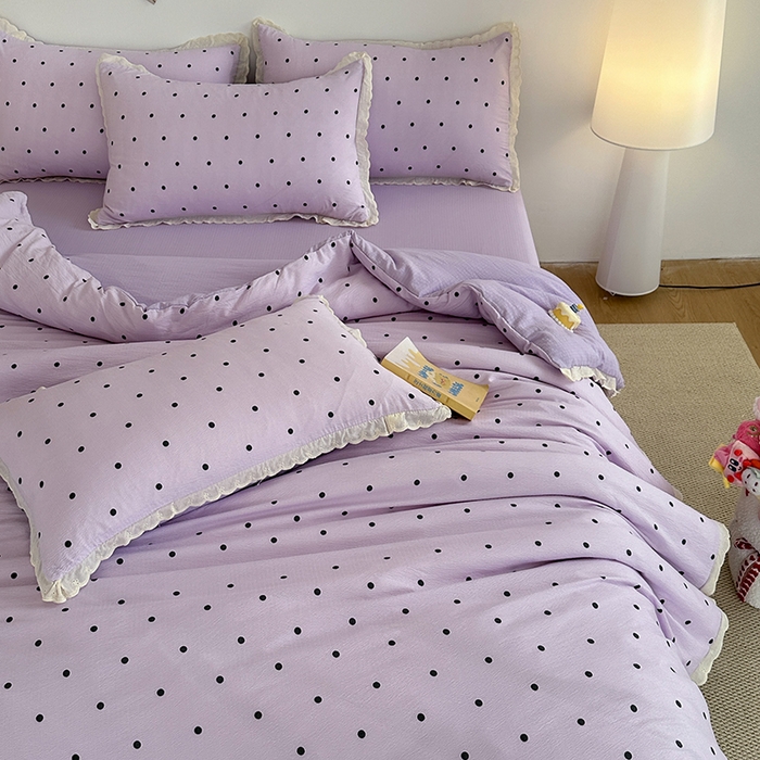 91家纺网 家纺一手货源 找家纺 斯卡诺家纺 2025新款纯棉花边双层纱夏被四件套水洗棉夏被四件套 波点-紫