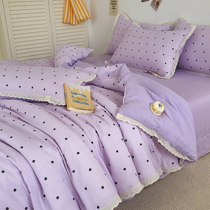 91家纺网 家纺一手货源 找家纺 斯卡诺家纺 2025新款纯棉花边双层纱夏被四件套水洗棉夏被四件套 波点-紫
