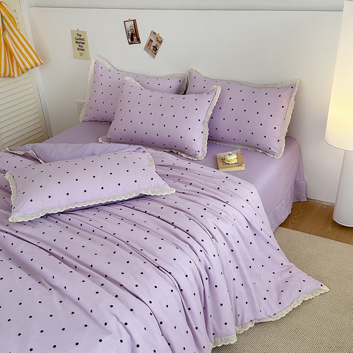 91家纺网 家纺一手货源 找家纺 斯卡诺家纺 2025新款纯棉花边双层纱夏被四件套水洗棉夏被四件套 波点-紫