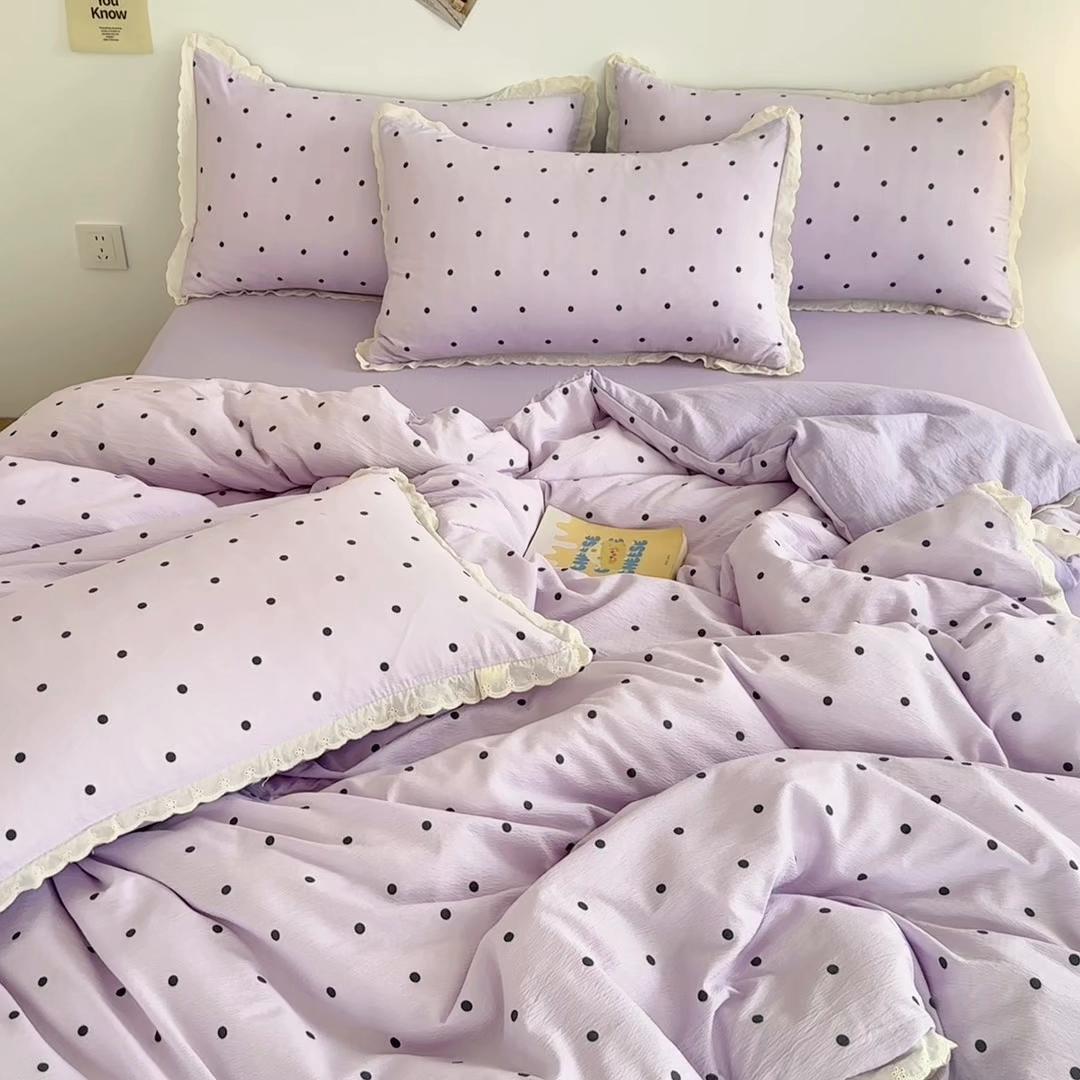 91家纺网 家纺一手货源 找家纺 斯卡诺家纺 2025新款纯棉花边双层纱夏被四件套水洗棉夏被四件套 波点-紫
