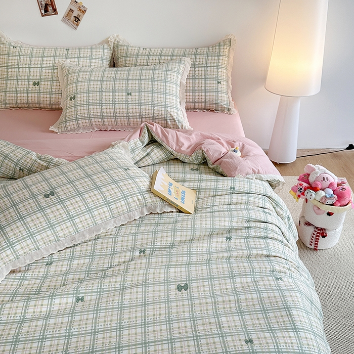 91家纺网 家纺一手货源 找家纺 斯卡诺家纺 2025新款纯棉花边双层纱夏被四件套水洗棉夏被四件套 蝶梦