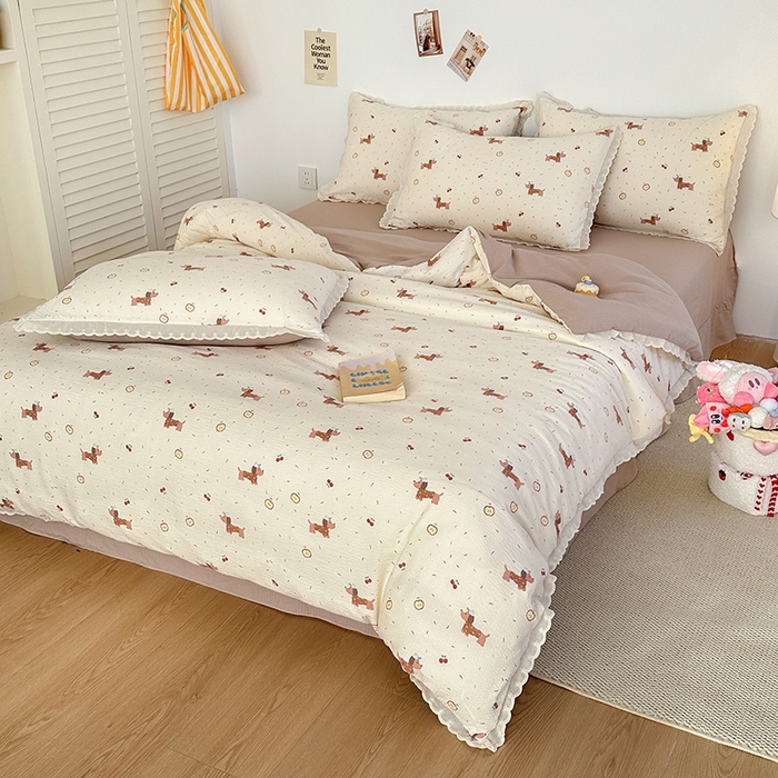 91家纺网 家纺一手货源 找家纺 斯卡诺家纺 2025新款纯棉花边双层纱夏被四件套水洗棉夏被四件套 腊肠狗