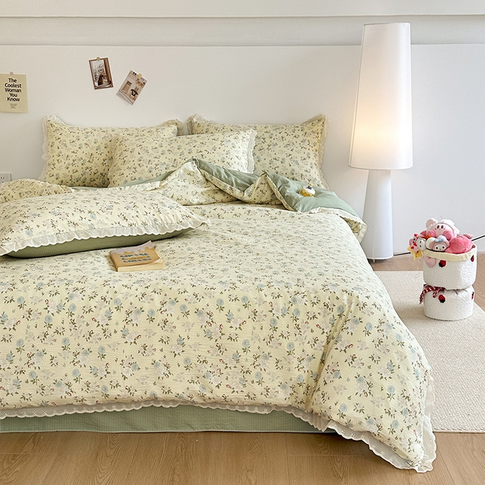 91家纺网 家纺一手货源 找家纺 斯卡诺家纺 2025新款纯棉花边双层纱夏被四件套水洗棉夏被四件套 蔷薇之恋