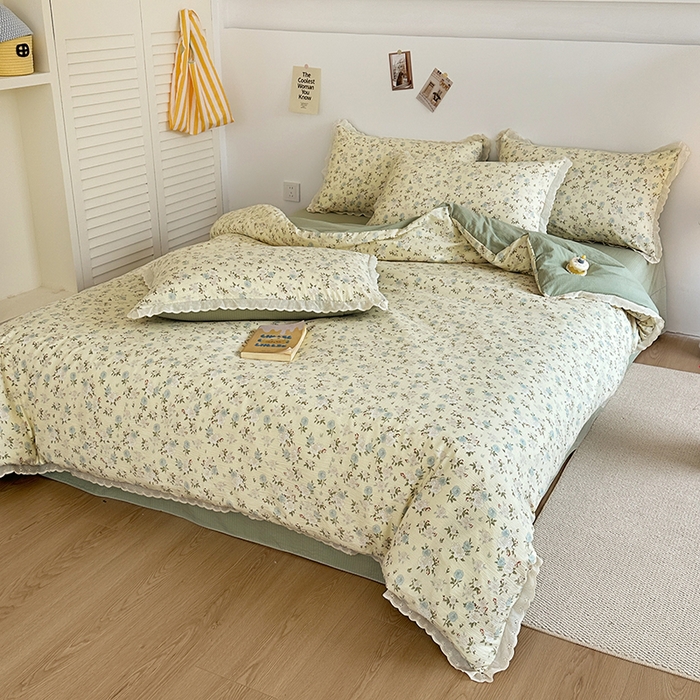 91家纺网 家纺一手货源 找家纺 斯卡诺家纺 2025新款纯棉花边双层纱夏被四件套水洗棉夏被四件套 蔷薇之恋