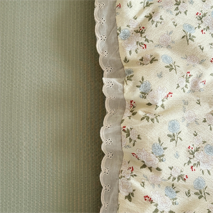 91家纺网 家纺一手货源 找家纺 斯卡诺家纺 2025新款纯棉花边双层纱夏被四件套水洗棉夏被四件套 蔷薇之恋