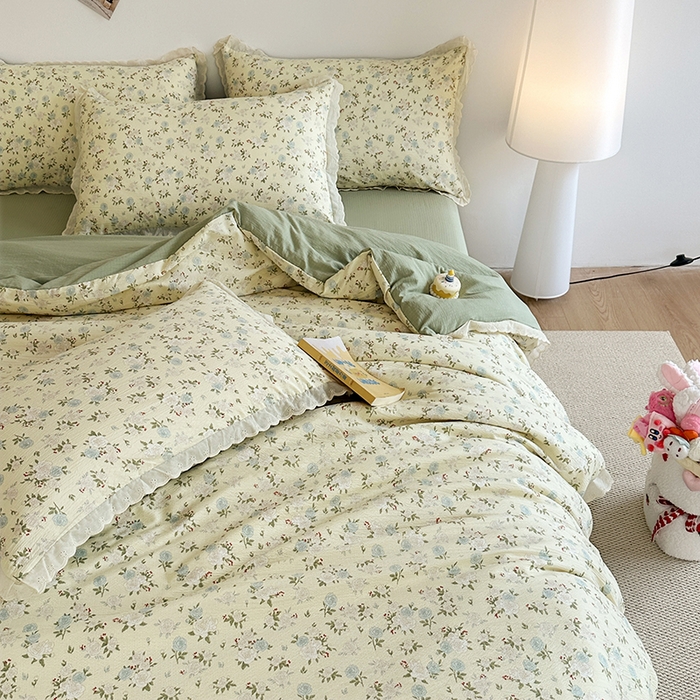 91家纺网 家纺一手货源 找家纺 斯卡诺家纺 2025新款纯棉花边双层纱夏被四件套水洗棉夏被四件套 蔷薇之恋