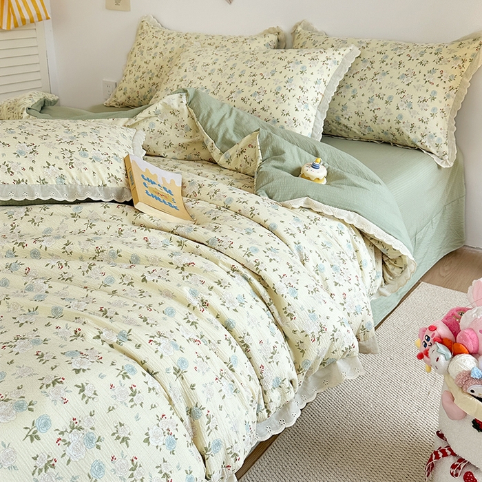 91家纺网 家纺一手货源 找家纺 斯卡诺家纺 2025新款纯棉花边双层纱夏被四件套水洗棉夏被四件套 蔷薇之恋