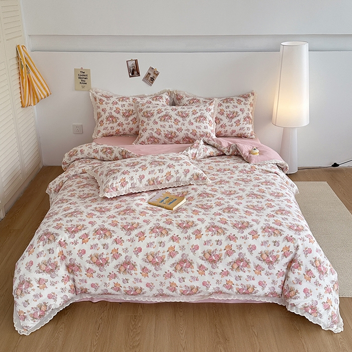 91家纺网 家纺一手货源 找家纺 斯卡诺家纺 2025新款纯棉花边双层纱夏被四件套水洗棉夏被四件套 莫奈花园