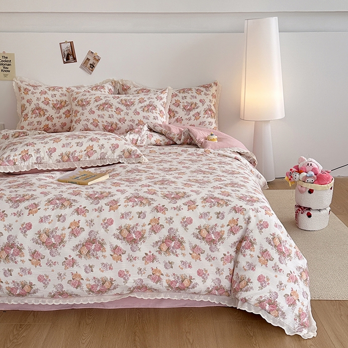 91家纺网 家纺一手货源 找家纺 斯卡诺家纺 2025新款纯棉花边双层纱夏被四件套水洗棉夏被四件套 莫奈花园