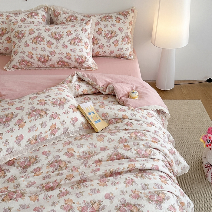 91家纺网 家纺一手货源 找家纺 斯卡诺家纺 2025新款纯棉花边双层纱夏被四件套水洗棉夏被四件套 莫奈花园