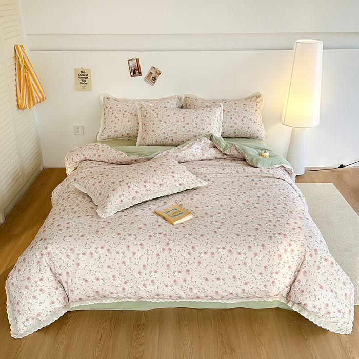 91家纺网 家纺一手货源 找家纺 斯卡诺家纺 2025新款纯棉花边双层纱夏被四件套水洗棉夏被四件套 蔷薇