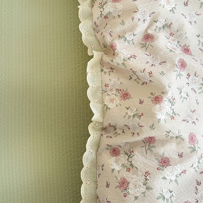 91家纺网 家纺一手货源 找家纺 斯卡诺家纺 2025新款纯棉花边双层纱夏被四件套水洗棉夏被四件套 蔷薇