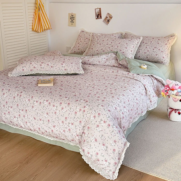 91家纺网 家纺一手货源 找家纺 斯卡诺家纺 2025新款纯棉花边双层纱夏被四件套水洗棉夏被四件套 蔷薇