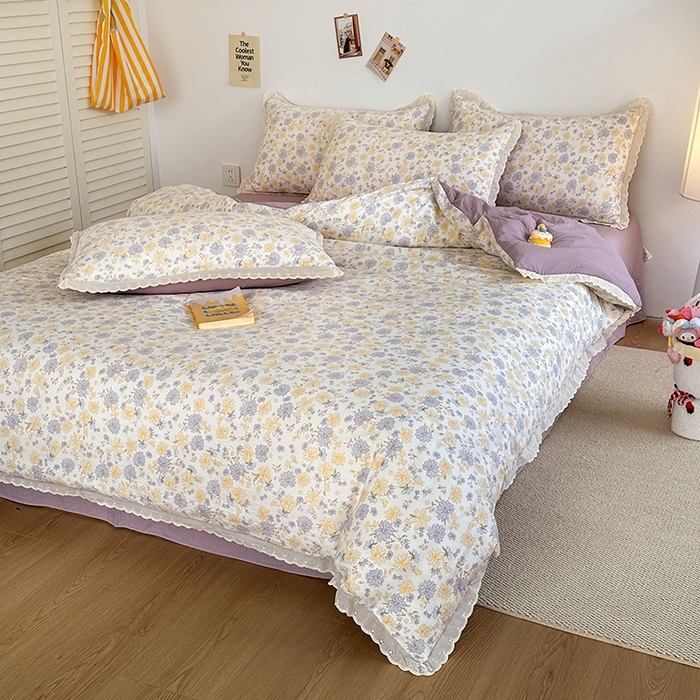 91家纺网 家纺一手货源 找家纺 斯卡诺家纺 2025新款纯棉花边双层纱夏被四件套水洗棉夏被四件套 唯美