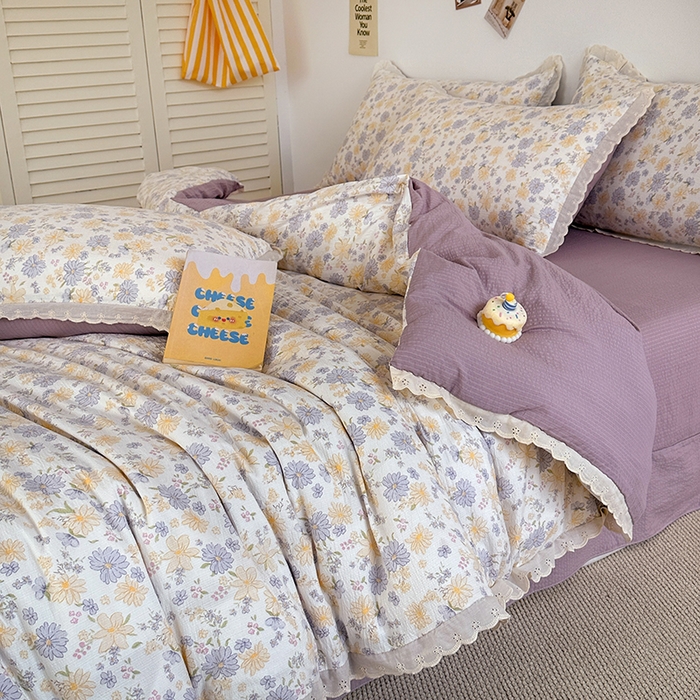 91家纺网 家纺一手货源 找家纺 斯卡诺家纺 2025新款纯棉花边双层纱夏被四件套水洗棉夏被四件套 唯美