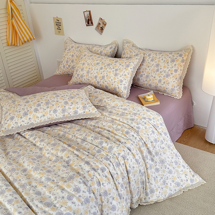 91家纺网 家纺一手货源 找家纺 斯卡诺家纺 2025新款纯棉花边双层纱夏被四件套水洗棉夏被四件套 唯美