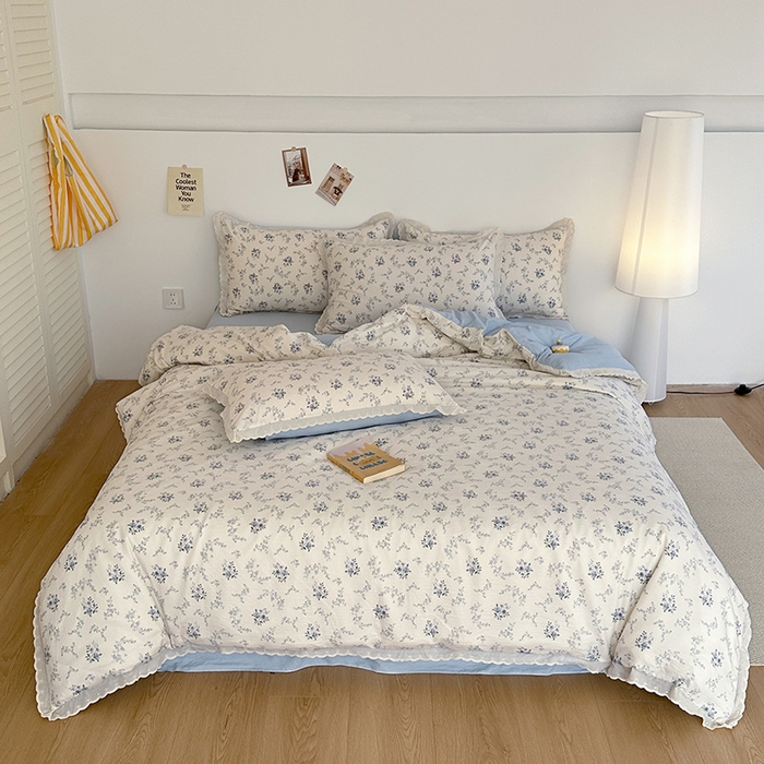 91家纺网 家纺一手货源 找家纺 斯卡诺家纺 2025新款纯棉花边双层纱夏被四件套水洗棉夏被四件套 雾里看花