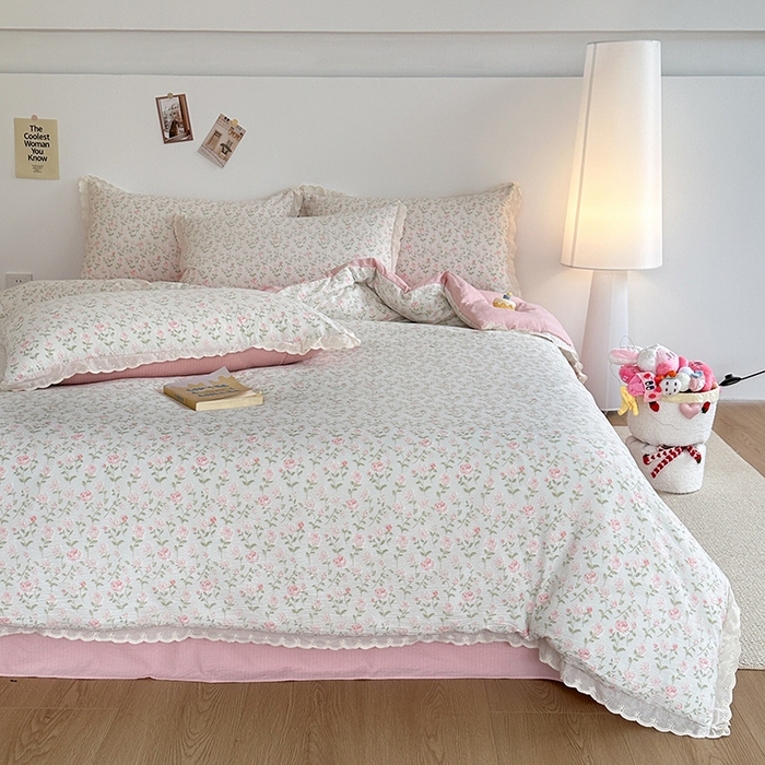 91家纺网 家纺一手货源 找家纺 斯卡诺家纺 2025新款纯棉花边双层纱夏被四件套水洗棉夏被四件套 幸福花开