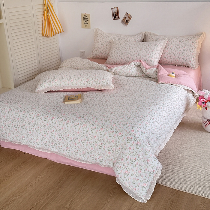 91家纺网 家纺一手货源 找家纺 斯卡诺家纺 2025新款纯棉花边双层纱夏被四件套水洗棉夏被四件套 幸福花开