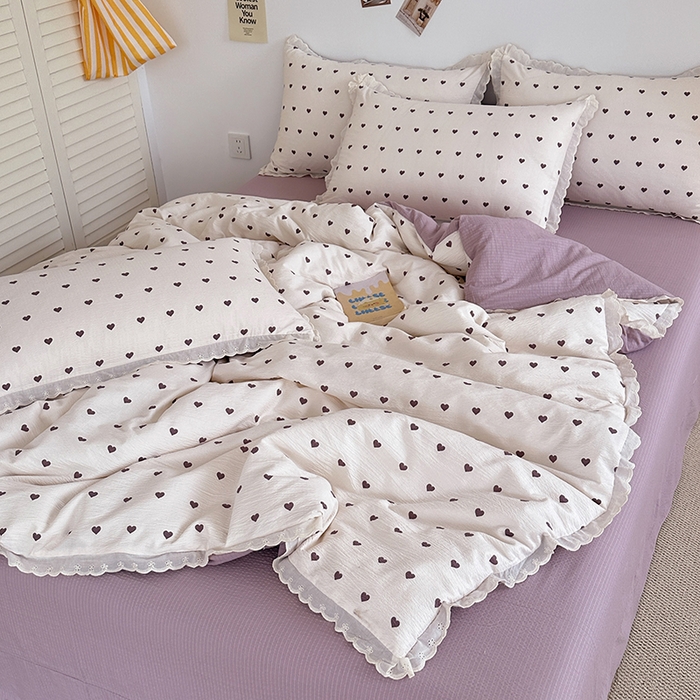 91家纺网 家纺一手货源 找家纺 斯卡诺家纺 2025新款纯棉花边双层纱夏被四件套水洗棉夏被四件套 紫爱心